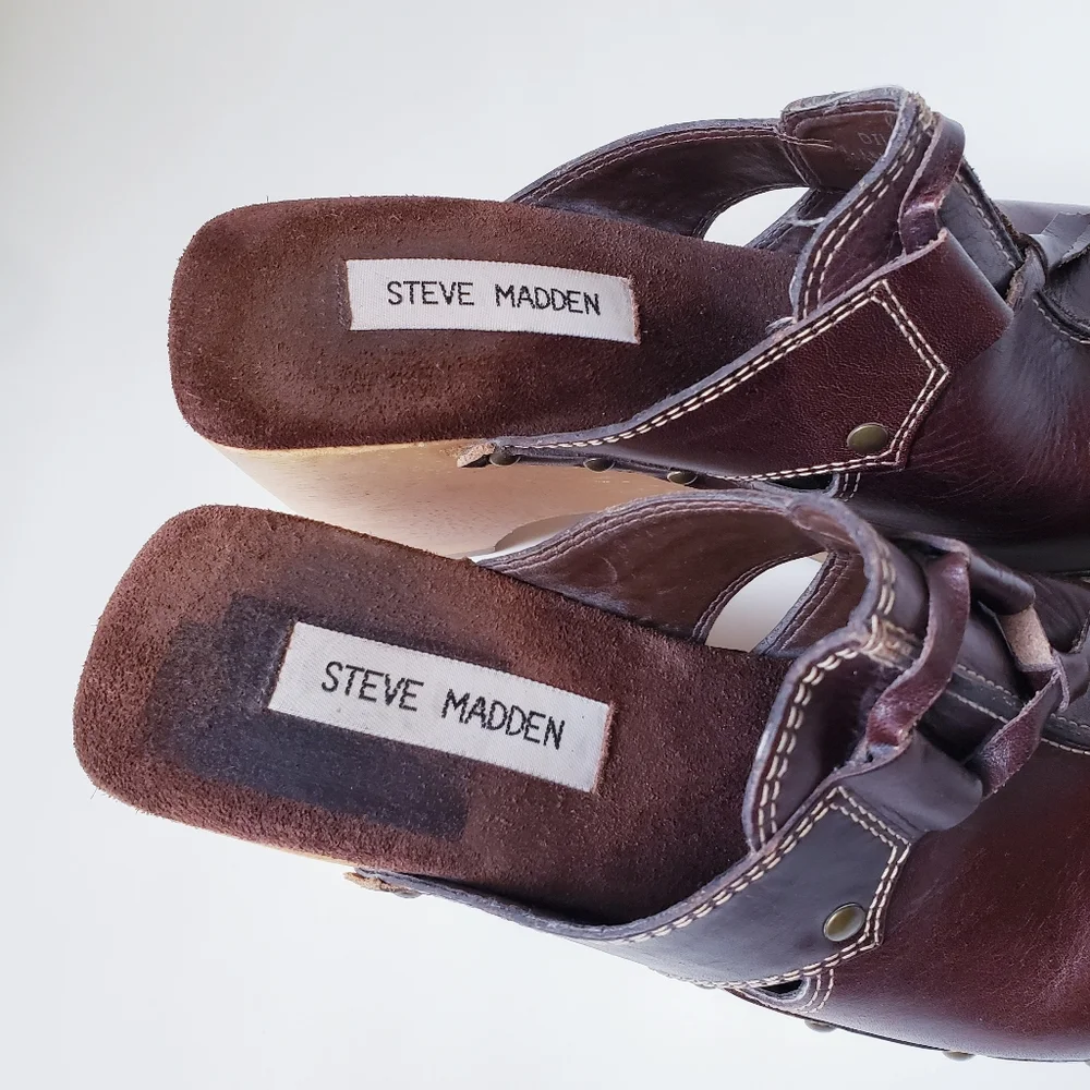 Steve Madden Brown Leather Slip-on Clogs - Picture 10 of 16